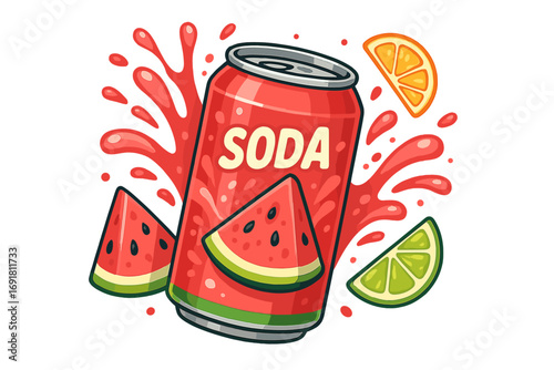 Refreshing watermelon soda can with juicy watermelon slices and citrus slices splash, summer drink illustration, vector cartoon style, vibrant fruit beverage design, transparent background