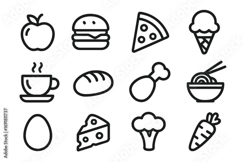 Food and drink icon set in a simple outline style. Vector collection includes fast food, fruit, vegetables, and meals. Icons like burger, pizza, apple, and noodles.