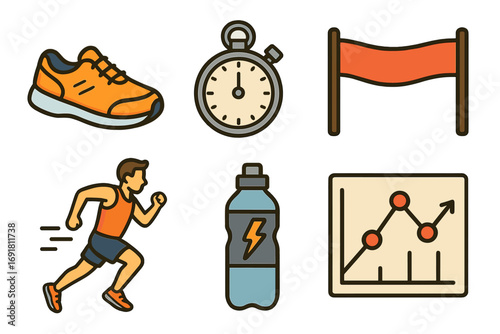 Running sport icon set vector illustration. Marathon runner, sneaker shoe, stopwatch timer, finish line flag, energy drink bottle, and progress chart for fitness design.