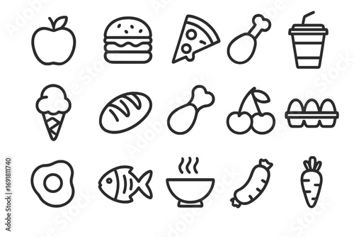 Food line icon set. Simple outline pictograms collection for nutrition, grocery, menu. Fast food, fruit, vegetable, meat, drink symbols for web, app design, ui, ux.