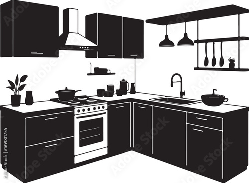 Silhouette of a modern corner kitchen with appliances and utensils Keywords: kitchen, interior
