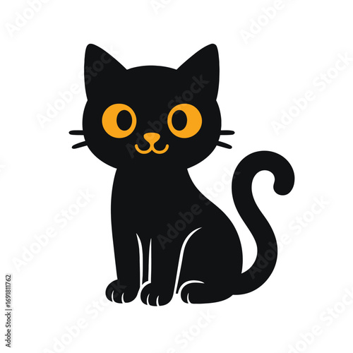 A cartoon illustration of a black cat with orange eyes and mouth sitting upright