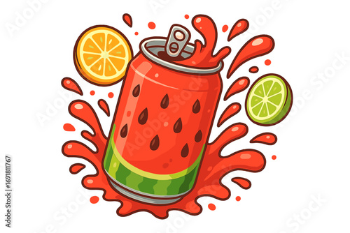 Refreshing watermelon soda can splash with orange and lime slices, juicy summer drink, fruit beverage vector cartoon illustration, vibrant citrus soda design, refreshing summer thirst quencher