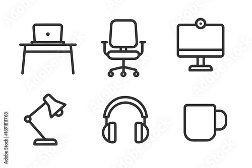 Home office line icon set. Remote work essentials. Minimalist linear vector symbols for freelance workplace. Desk, chair, computer, monitor, lamp, headphones, coffee mug.