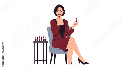 Stylish woman applying lipstick while sitting on a chair with makeup products on a side table elegant fashion and beauty concept