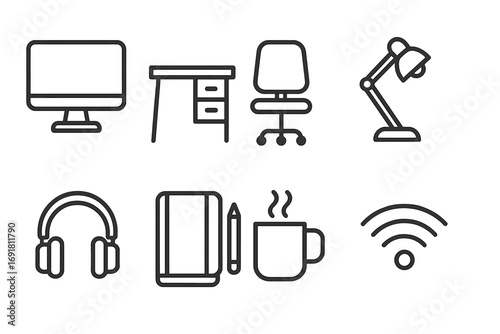 Remote work and home office line icon set. Workspace essentials collection. Vector outline graphic of desk, chair, computer, wifi, lamp and headphones for freelance business.