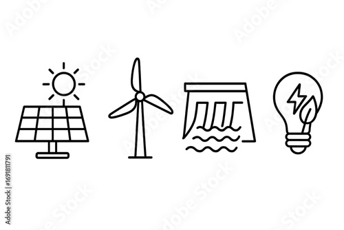 Set of renewable energy icons including solar panel with sun, wind turbine, hydropower dam, and green electricity light bulb in linear style, transparent background vector illustration