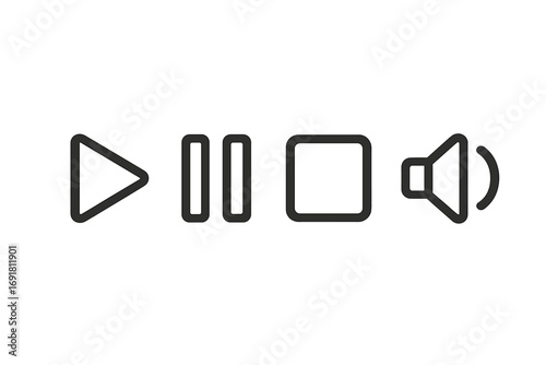 Set of media player control icons. Play, pause, stop, and sound volume button symbols. Minimalist vector line art illustration for website user interface (UI) and app.