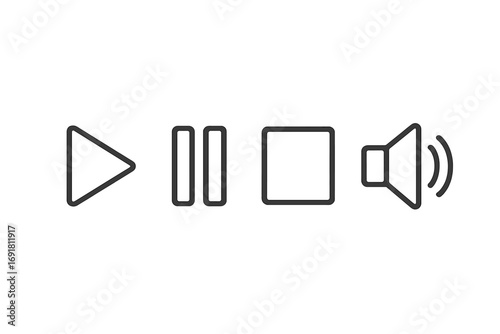 Media player control icon set with play, pause, stop, and volume buttons. Minimalist line art for user interface design. Vector symbols for audio, video, web, and apps.