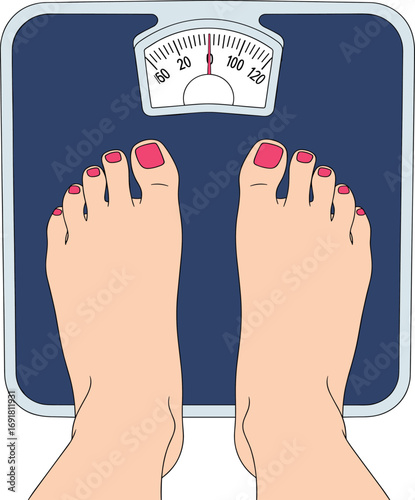 Feet on bathroom scale measuring weight, health and fitness concept, cartoon illustration, body check, lifestyle routine, vector art, wellness design