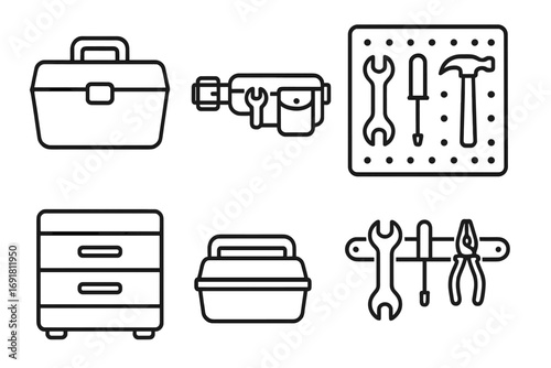 Outline icon set of tool storage solutions with toolbox, tool belt, pegboard, tool chest, magnetic tool rack cartoon illustration, hand tools organization vector