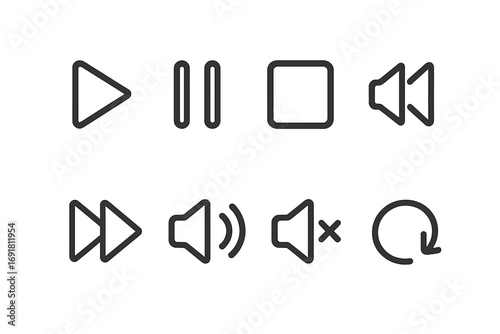 Minimalist media player icons for audio and video. Vector line art buttons for controls like play, pause, stop, forward, rewind, repeat and volume. UI and UX symbols.