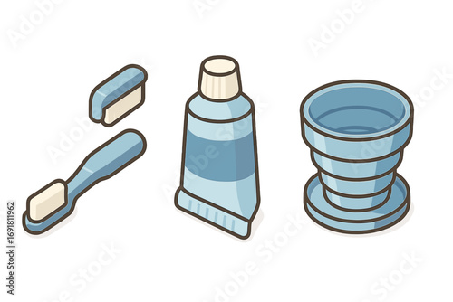 Travel essentials icons isometric flat icon set of portable travel bathroom kits including mini toothbrush, compact toothpaste tube, collapsible cup cartoon illustration