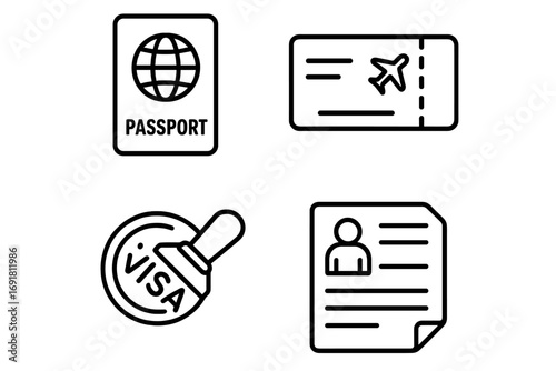 Travel icons grid outline set of travel documents including passport, boarding pass, visa stamp, customs form, travel essentials vector cartoon illustration for travel planning and identification