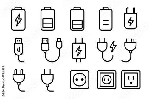 Energy line icon set. Vector collection of power symbols. Includes battery charge level, USB cable, phone charger adapter, electric plug, and wall socket outlet pictograms.