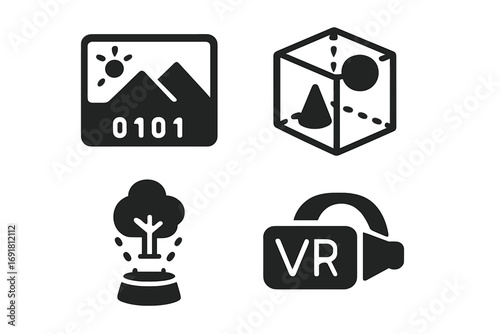 Virtual environment icons set, solid filled design with digital landscape, 3D space cube, hologram tree, VR headset, futuristic technology symbols, innovation, digital reality concepts