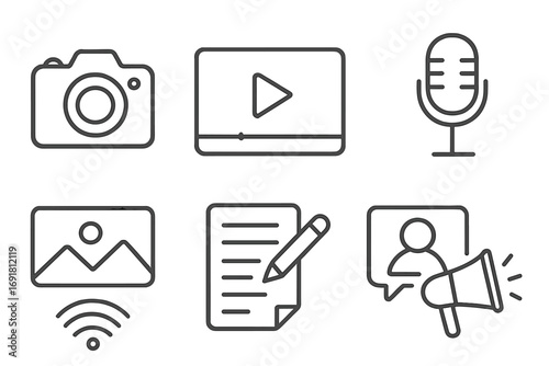 Content creation linear icons set. Media, blogging, podcast, vlogging symbols. Vector line art illustration of camera, microphone, video, writing, influencer marketing.