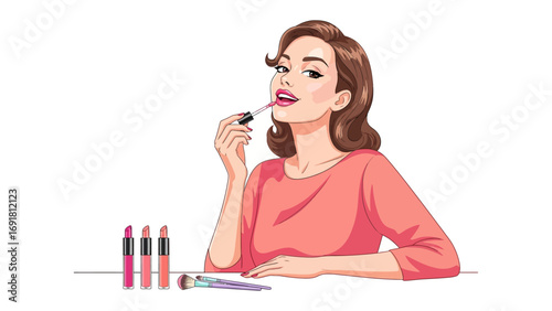 A stylish young woman with brown hair applying vibrant pink lipstick with a brush while sitting at a table with makeup products