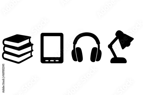 Reading and learning icon collection. Silhouettes of stacked books, e-reader, audiobook headphones, and a study lamp. Vector concepts for education, library, and knowledge.