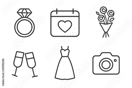 Minimalist wedding icons set with diamond ring, heart calendar, bouquet flowers, bridal dress, clinking glasses, and camera silhouette, vector cartoon illustration transparent background