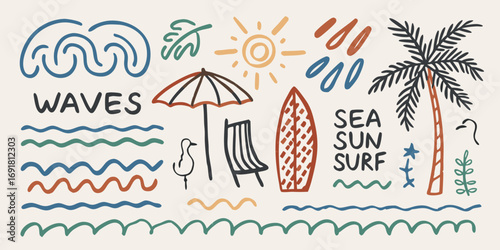 Whimsical hand drawn beach elements and tropical summer vibes collection