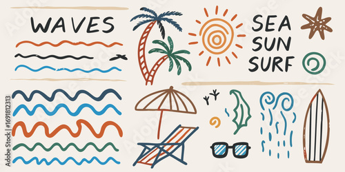 Hand drawn beach elements collection featuring waves sun palm trees surfboard and sunglasses