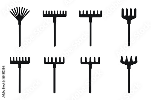 Rake icon set. Gardening tool silhouettes. Diverse garden rakes, leaf rake, and pitchfork icons. Vector illustration for farming and agriculture. Minimalist design elements.