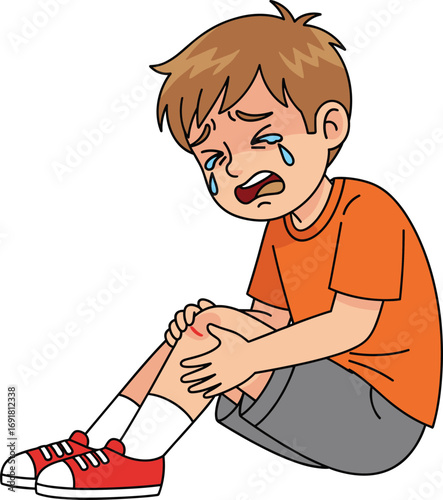 Injured child crying, emotional expression, childhood accident, pain reaction, safety awareness, cartoon illustration, hurt knee, kids health, trauma, first aid