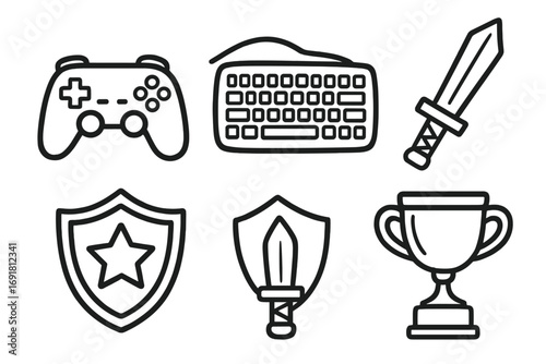 Video game icon set for esports. Line art doodle of gamepad, keyboard, sword, shield and trophy. Vector illustration for gaming achievement, award, cybersport or RPG element.