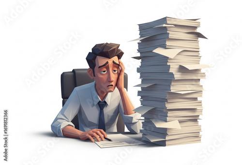 A vector illustration of an office worker exhausted and stressed, facing overwhelming tasks and a heavy workload