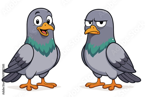 Two cartoon pigeons standing side by side with distinct happy and grumpy facial expressions, colorful bird characters, vibrant vector illustration, playful urban wildlife design