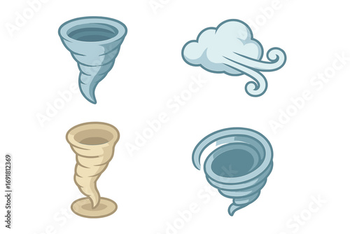 Wind phenomena icons isometric flat vector set featuring tornado funnel, gust cloud, dust devil, whirlwind swirl, weather elements, storm symbols, cartoon illustration