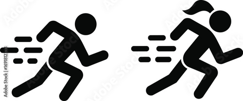 Male and female runners in motion with speed lines on white background Keywords: running icon, runner icon, speed icon, motion