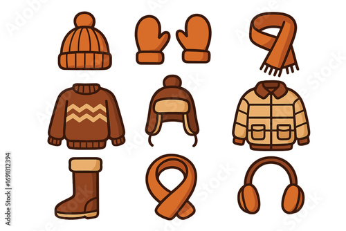 Winter clothing filled icons set – solid cozy fashion and warm apparel symbols, vector cartoon illustration, hat, mittens, scarf, sweater, jacket, boots, earmuffs, seasonal cold weather accessories