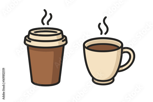 Two minimalist coffee cup illustrations showing different styles and colors for design and branding projects, vector cartoon icons, hot beverage, takeaway cup and ceramic mug