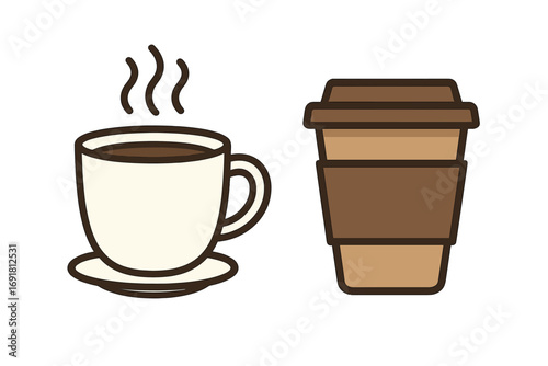 Two minimalist coffee cup illustrations, hot steaming cup with saucer, and disposable takeout coffee cup with sleeve, vector flat cartoon design for branding and marketing projects