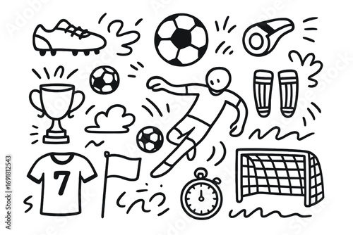 Hand-drawn soccer doodle set. Football sport equipment icons. Vector cartoon illustration of player kicking ball, goal, trophy cup, cleat shoe, and jersey. Championship game elements.