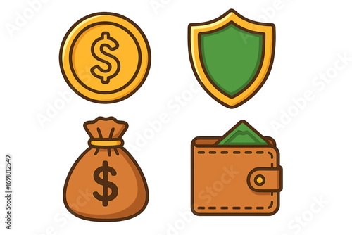 Money savings and insurance icon set. Finance protection, security concept. Vector dollar coin, shield, money bag, wallet icons. Banking, investment, wealth, payment.