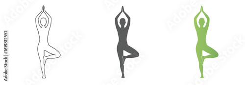 Vector art of collection of three yoga tree pose icons, including a dotted outline, a solid silhouette, and a green gradient figure, all isolated on a, representing balance and wellness