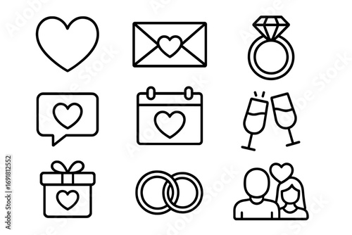 Romantic love symbols and engagement icons minimalist vector set, relationship concept with heart, wedding rings, gift box, calendar date, champagne glasses, couple silhouette, envelope heart design