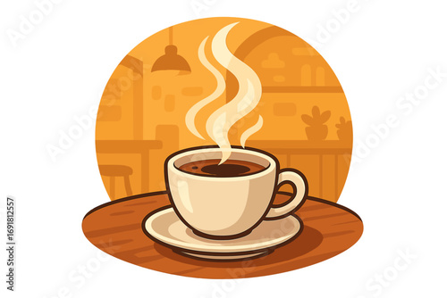 Steaming coffee cup vector illustration. Hot drink in a cozy cafe setting. Morning espresso or cappuccino with aromatic steam. Concept for coffee break, beverage menu, aroma.
