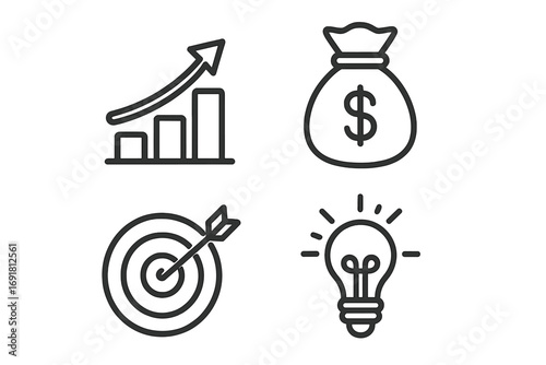 Business success and growth icon set. Outline icons for finance, investment, and profit. Includes target for goals, lightbulb for ideas, and money bag. Vector illustration.