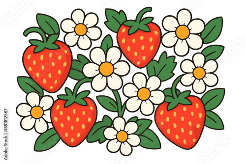 Strawberry and chamomile flower seamless pattern. Vector cartoon illustration. Retro floral background with summer berries. Fresh garden fruit and blossom groovy design.