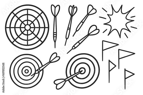 Darts and target vector icon set. Hand drawn doodle illustration of dartboard, arrows, and bullseye hit. Concept for business goal, accuracy, success, strategy and achievement.