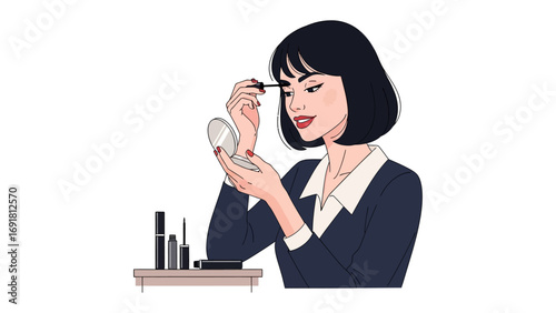 Elegant retro style woman with short dark hair applying mascara to her eyelashes using a compact mirror and makeup brushes on a white background