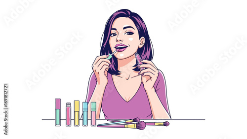 Young woman applying makeup with cosmetic products and brushes in front of her on a white background vibrant illustration style
