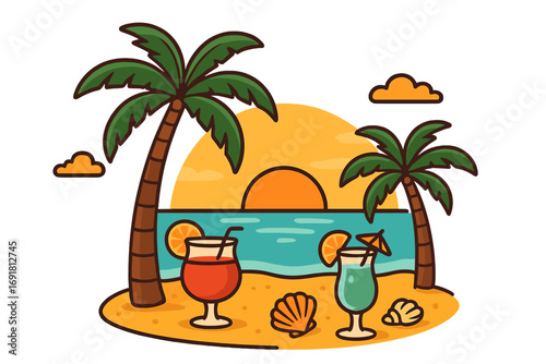 Tropical beach sunset with palm trees, cocktails, seashells, and ocean waves, summer vacation illustration, relaxing tropical island scene, summer holiday vibes