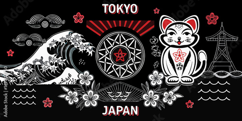 Vibrant tokyo japan illustration featuring iconic symbols like the great wave maneki neko and cherry blossoms