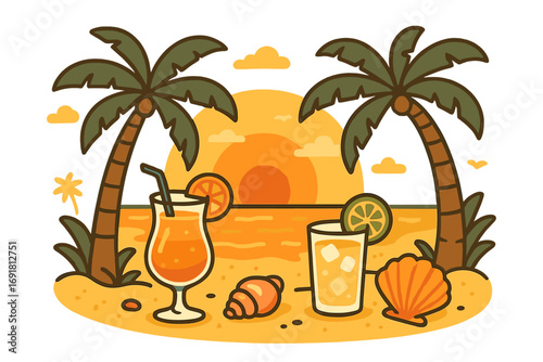 Tropical beach scene with palm trees, sunset, refreshing summer cocktails, seashells, and warm ocean vibes, vector cartoon illustration for summer vacation and tropical paradise