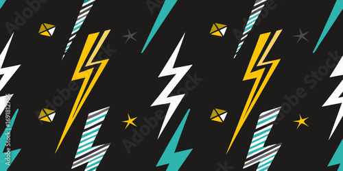 Dynamic seamless pattern with yellow white and teal lightning bolts and geometric shapes on black background